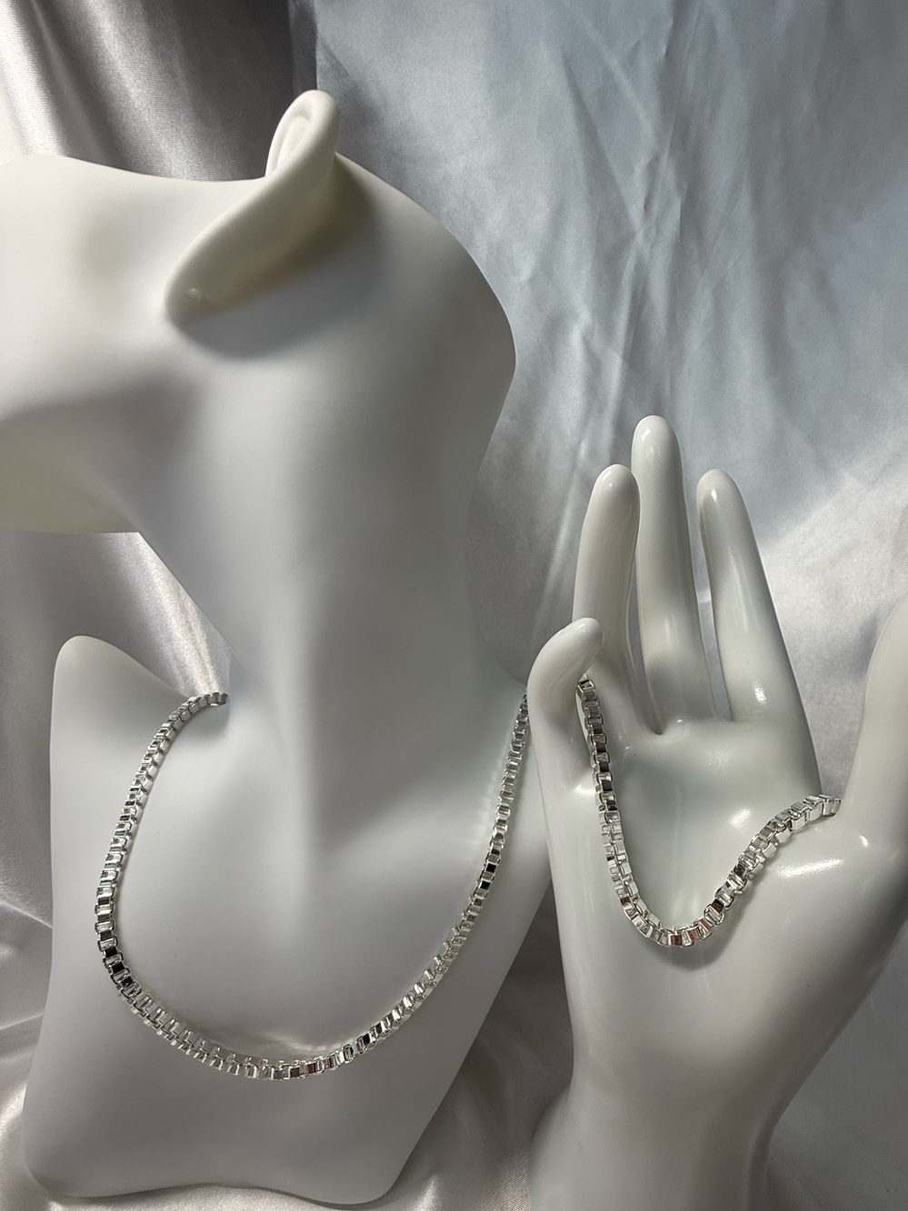 Silver Tone 4mm Geometric Link 21” Necklace & Bracelet Matching Jewelry Set Chic